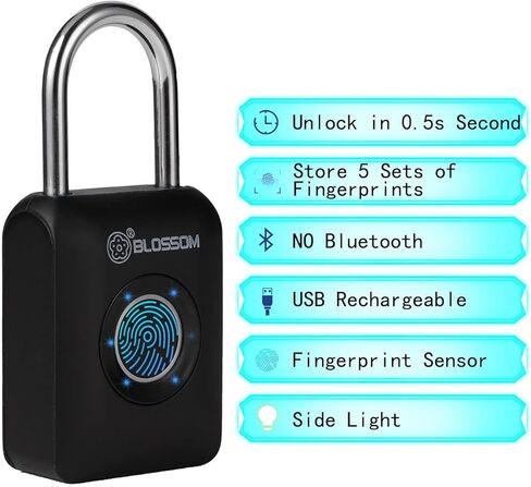 بلوسوم قفل ببصمة الاصبع، اقفال ذكية قابلة لاعادة الشحن بمنفذ USB بدون مفتاح، قفل محمول بدون مفتاح للخزانة وشنطة الظهر وشنطة السفر والخزانة مع بطارية 60mAh in Kuwait