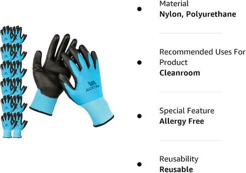 ACKTRA Ultra-Thin PU Safety WORK GLOVES 12 Pairs, WG002 Black/Black, Large in Kuwait