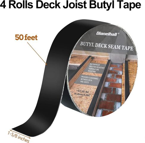 4 Rolls Joist Tape for Decking 1-5/8 Inch x 50 Feet Deck Flashing Tape Joist Protection Tape Butyl Joist Tape for Joists and Beams, Preservative Waterproof Deck Joist Tape, Black in Saudi Arabia