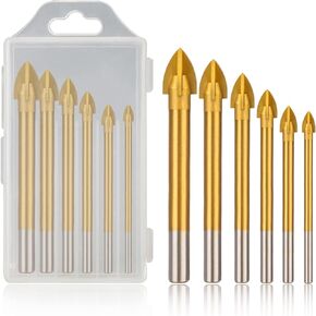 طقم لقم مثقاب زجاجية مطلية بالتيتانيوم من 6 قطع، 4 حواف قطع براس رمح متقاطع مع ساق سداسية لبلاط السيراميك والرخام والمرايا والزجاج، 4 ملم 5 ملم 6 ملم 8 ملم 10 ملم 12 ملم in Kuwait