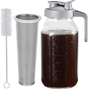 Cold Brew Coffee Maker Glass Pitcher, 32 oz Mason Jar with Pour Spout Handle Lid with Stainless Steel Filter for Iced Coffee, Lemonade, Ice Tea, Fruit Drinks