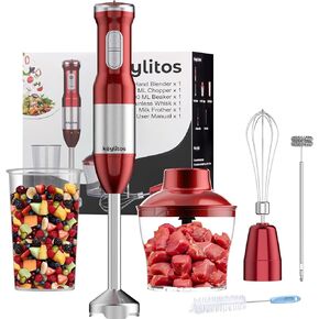 Keylitos 5 in 1 Immersion Hand Blender Mixer, [Upgraded] 1000W Handheld Stick Blender with 600ML Chopper, 800ML Beaker, Whisk and Milk Frother for Smoothie, Baby Food, Sauces Red,Puree, Soup