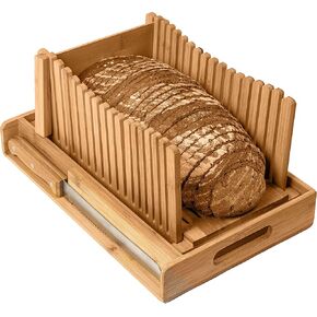 Bamboo Bread Slicer with Crumb Tray Bamboo Bread Cutter for Homemade Bread, Loaf Cakes, Bagels Slicer, 3 Slice Sizes, Adjustable, Compact, Foldable by Kitchen Seven in Saudi Arabia