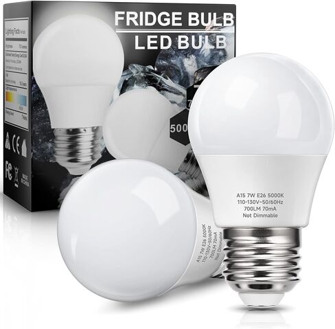 KINDEEP 7W Refrigerator Light Bulb, A15 LED Bulb, 60 Watt Equivalent, Daylight White 5000K, 700LM, Waterproof Appliance Fridge Light Bulb, Ceiling Fan, Non-Dimmable, E26 Medium Base, 2 Pack in Kuwait