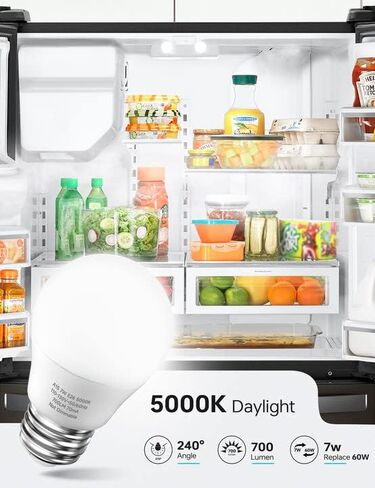 KINDEEP 7W Refrigerator Light Bulb, A15 LED Bulb, 60 Watt Equivalent, Daylight White 5000K, 700LM, Waterproof Appliance Fridge Light Bulb, Ceiling Fan, Non-Dimmable, E26 Medium Base, 2 Pack in Kuwait