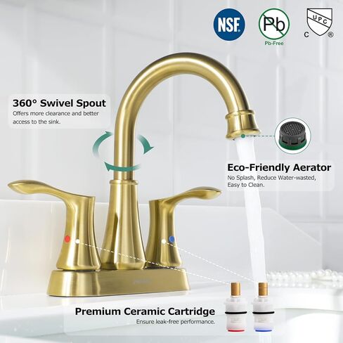 PARLOS Swivel Spout 2-Handle Lavatory Faucet Bathroom Sink Faucet with Metal Pop-up Drain and Faucet Supply Lines, Brushed Gold, 1.2 GPM in Kuwait