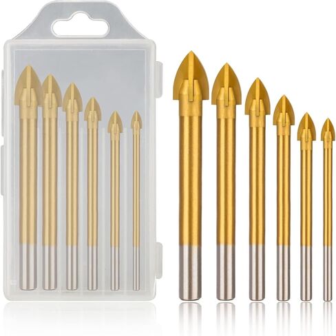 طقم لقم مثقاب زجاجية مطلية بالتيتانيوم من 6 قطع، 4 حواف قطع براس رمح متقاطع مع ساق سداسية لبلاط السيراميك والرخام والمرايا والزجاج، 4 ملم 5 ملم 6 ملم 8 ملم 10 ملم 12 ملم in Kuwait