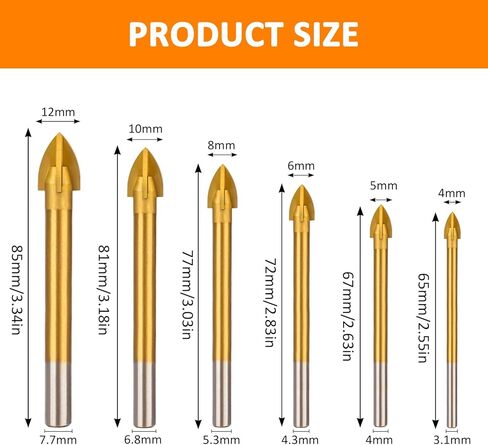 طقم لقم مثقاب زجاجية مطلية بالتيتانيوم من 6 قطع، 4 حواف قطع براس رمح متقاطع مع ساق سداسية لبلاط السيراميك والرخام والمرايا والزجاج، 4 ملم 5 ملم 6 ملم 8 ملم 10 ملم 12 ملم in Kuwait