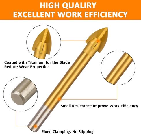 طقم لقم مثقاب زجاجية مطلية بالتيتانيوم من 6 قطع، 4 حواف قطع براس رمح متقاطع مع ساق سداسية لبلاط السيراميك والرخام والمرايا والزجاج، 4 ملم 5 ملم 6 ملم 8 ملم 10 ملم 12 ملم in Kuwait