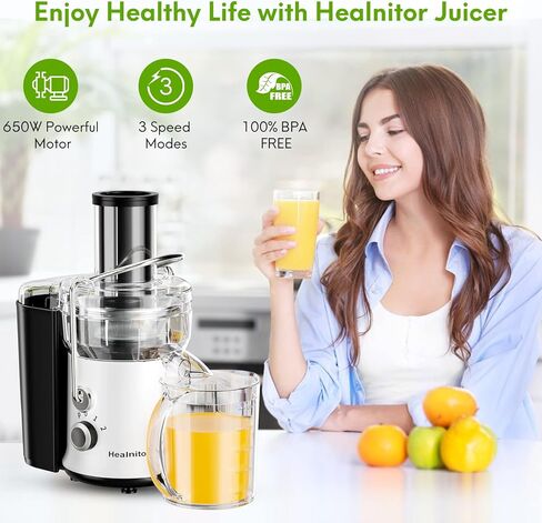 650W 3 Speeds Juicer Machines Vegetable and Fruit, Healnitor Centrifugal Juice Extractor with Wide 3" Feed Chute, Easy to Clean, BPA-Free Compact Centrifugal Juice Maker, White in Kuwait