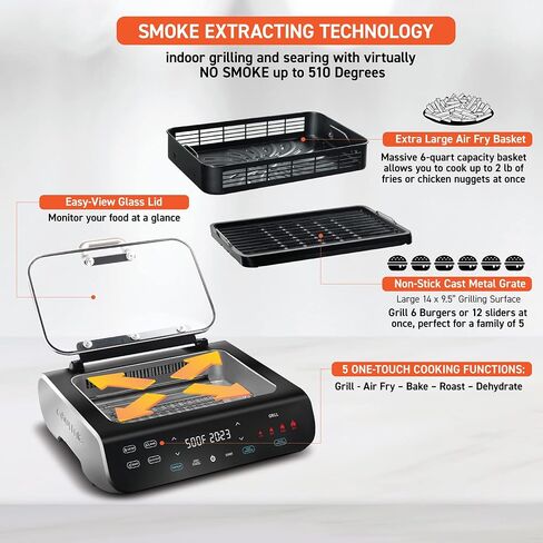 Gourmia Smokeless Indoor Grill & Air Fryer raclette grill with Smoke Extracting Technology Extra-Large Nonstick Cooking electric grill indoor Korean BBQ Style 6 Quart FoodStation™ in Kuwait