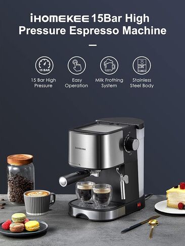 ماكينة اسبريسو Ihomekee بقوة 15 بار، ماكينة صنع قهوة اسبريسو وكابتشينو مع رغوة الحليب/عصا بخار لللاتيه والموكا والكابتشينو، فضي - CM6826T in Kuwait