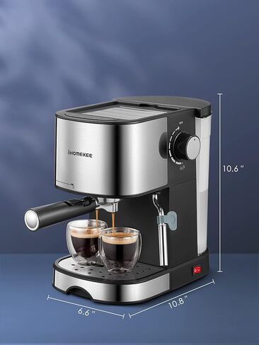 ماكينة اسبريسو Ihomekee بقوة 15 بار، ماكينة صنع قهوة اسبريسو وكابتشينو مع رغوة الحليب/عصا بخار لللاتيه والموكا والكابتشينو، فضي - CM6826T in Kuwait