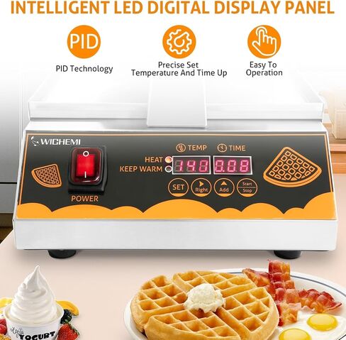 صانع الوافل البلجيكي التجاري من WICHEMI، ماكينة الوافل البلجيكية، ماكينة الوافل القابلة للدوران 180 درجة، ماكينة الوافل الذكية LED الرقمية غير اللاصقة لمطعم الفندق، 1250 وات in Kuwait