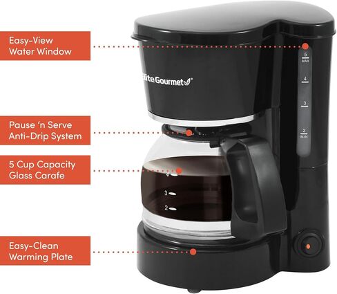 Elite Gourmet EHC-5055 Automatic Brew & Drip Coffee Maker with Pause N Serve Reusable Filter, On/Off Switch, Water Level Indicator, Black in Saudi Arabia