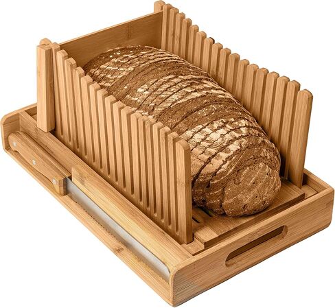 Bamboo Bread Slicer with Crumb Tray Bamboo Bread Cutter for Homemade Bread, Loaf Cakes, Bagels Slicer, 3 Slice Sizes, Adjustable, Compact, Foldable by Kitchen Seven in Saudi Arabia