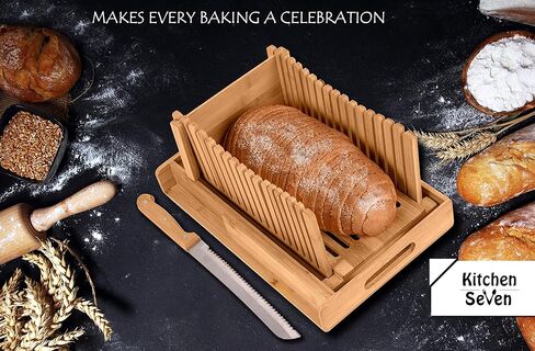 Bamboo Bread Slicer with Crumb Tray Bamboo Bread Cutter for Homemade Bread, Loaf Cakes, Bagels Slicer, 3 Slice Sizes, Adjustable, Compact, Foldable by Kitchen Seven in Saudi Arabia