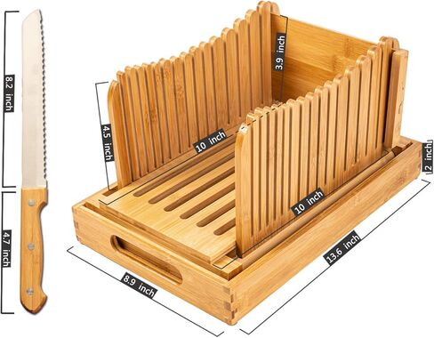 Bamboo Bread Slicer with Crumb Tray Bamboo Bread Cutter for Homemade Bread, Loaf Cakes, Bagels Slicer, 3 Slice Sizes, Adjustable, Compact, Foldable by Kitchen Seven in Saudi Arabia