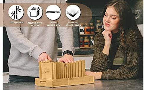 Bamboo Bread Slicer with Crumb Tray Bamboo Bread Cutter for Homemade Bread, Loaf Cakes, Bagels Slicer, 3 Slice Sizes, Adjustable, Compact, Foldable by Kitchen Seven in Saudi Arabia