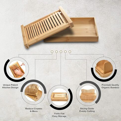 Bamboo Bread Slicer with Crumb Tray Bamboo Bread Cutter for Homemade Bread, Loaf Cakes, Bagels Slicer, 3 Slice Sizes, Adjustable, Compact, Foldable by Kitchen Seven in Saudi Arabia