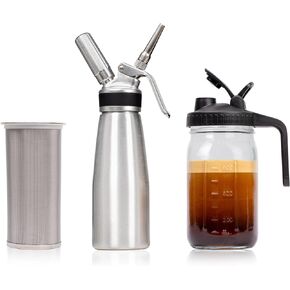 جيلمو برطمان ماسون لتحضير القهوة الباردة مع مجموعة من موزعات الكريمة - زجاج متين 32 اونصة (1 كوارت)، فلتر ستانلس ستيل شديد التحمل للقهوة المثلجة in Kuwait