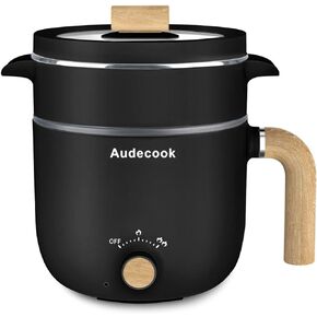 وعاء تسخين كهربائي من Audecook مع جهاز بخار، وعاء طهي متعدد الاستخدامات غير لاصق سعة 1.5 لتر، مقلاة كهربائية للسفر مع تحكم مزدوج في الطاقة للمعكرونة/الحساء/شريحة اللحم/البيض/الشوفان (أسود) in Kuwait