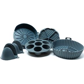 EM 5-Pack Air Fryer Silicone Liners - Include Silicone Mitts, Egg Bites Tray, Waffle Mold, Silicone Cupcake Liners, Pot - Compatible with 3-5 Quart Air Fryers - Reusable, Food-Grade, Dishwasher-Safe