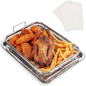 سلة مقلاة هوائية Winspxx للفرن، سلة مقلاة هوائية سميكة 18/8 من الفولاذ المقاوم للصدأ وصينية للخبز والأطعمة المقرمشة، 12.6 × 9.8 بوصة، حتى 450 درجة فهرنهايت، قطعتان من ملحقات مقلاة الهواء للفرن مع أوراق الخبز in Kuwait