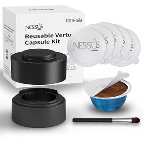 Nessus Reusable Vertuo Capsule Kit, [ALSeal EZ FIT] for Reusable Nespresso Pods with 100 Pcs Aluminum Foil Seal Lids, Holder, Brush, for Refilling Nespresso Vertuo Pods Reusable Vertuoline Pod