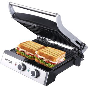 VEVOR Electric Contact Grills, 1500W Indoor Countertop Panini Press Griddle, Sandwich Maker with Non Stick,2 Reversible Iron Cooking Plates,0-446℉ Adjustable Temperature Control,Timer Function,120V