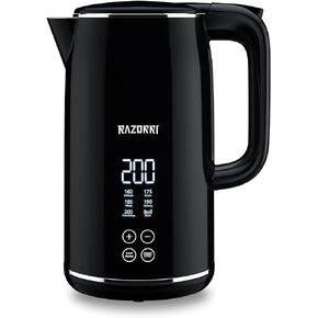 غلاية كهربائية رازوري، شاشة رقمية LED للتحكم بنقرة واحدة، 1.7 لتر خالية من مادة BPA، جدار مزدوج معزول من الفولاذ المقاوم للصدأ، حماية من الغليان الجاف، تحافظ على الدفء للشاي والقهوة، باردة الملمس، لاسلكية، أسود in Kuwait