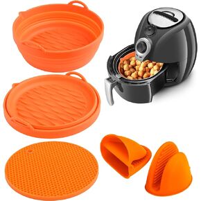 Silicone Air Fryer Liners Basket Set - 8.5" Ultra-Strong Air Fryer Silicone Baking Tray Pot with Mittens & Trivet Mat - Easy-Clean, Food-Grade Airfryer Accessory for All 5-8 Qt Air Fryers – Orange