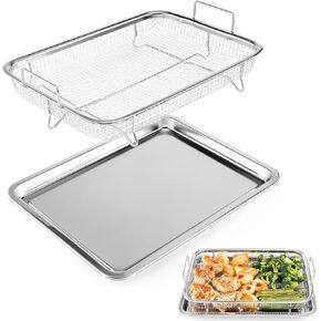 Large Air fryer Basket for oven,15.4"x 11.6"x 2.2" 2 Piece Stainless Steel Air Fryer Tray and accessories Crisping Basket Tray Set Healthy Oven Cooking for Fries/Bacon/Chicken (Silver) in Kuwait