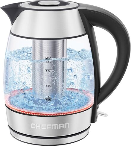 Chefman Glass Electric Kettle for Boiling Water, 1.8L 1500W, with Tea Infuser, Keep Warm Function, Auto Shut Off, Boil-Dry Protection, BPA Free, Hot Water Boiler, Electric Tea Kettle - Stainless Steel in Saudi Arabia