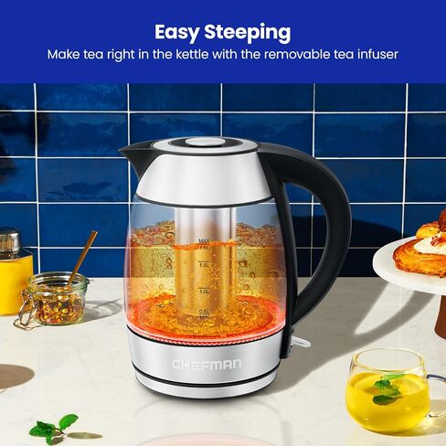 Chefman Glass Electric Kettle for Boiling Water, 1.8L 1500W, with Tea Infuser, Keep Warm Function, Auto Shut Off, Boil-Dry Protection, BPA Free, Hot Water Boiler, Electric Tea Kettle - Stainless Steel in Saudi Arabia