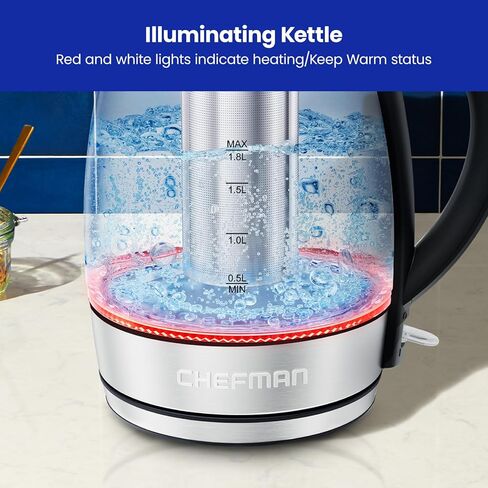 Chefman Glass Electric Kettle for Boiling Water, 1.8L 1500W, with Tea Infuser, Keep Warm Function, Auto Shut Off, Boil-Dry Protection, BPA Free, Hot Water Boiler, Electric Tea Kettle - Stainless Steel in Saudi Arabia