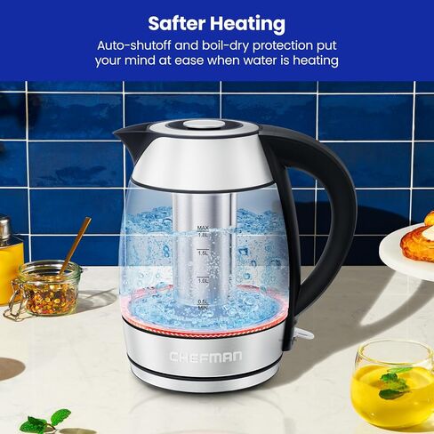 Chefman Glass Electric Kettle for Boiling Water, 1.8L 1500W, with Tea Infuser, Keep Warm Function, Auto Shut Off, Boil-Dry Protection, BPA Free, Hot Water Boiler, Electric Tea Kettle - Stainless Steel in Saudi Arabia
