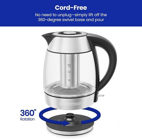 Chefman Glass Electric Kettle for Boiling Water, 1.8L 1500W, with Tea Infuser, Keep Warm Function, Auto Shut Off, Boil-Dry Protection, BPA Free, Hot Water Boiler, Electric Tea Kettle - Stainless Steel in Saudi Arabia