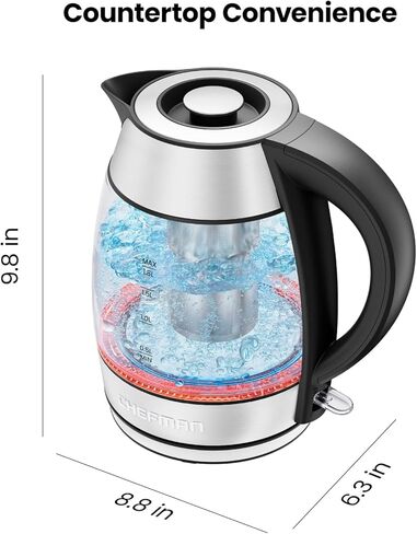 Chefman Glass Electric Kettle for Boiling Water, 1.8L 1500W, with Tea Infuser, Keep Warm Function, Auto Shut Off, Boil-Dry Protection, BPA Free, Hot Water Boiler, Electric Tea Kettle - Stainless Steel in Saudi Arabia