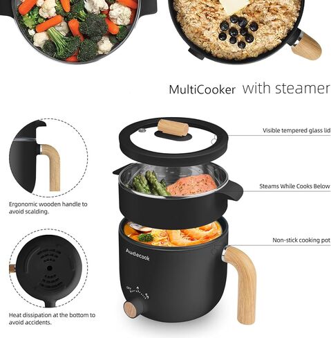 وعاء تسخين كهربائي من Audecook مع جهاز بخار، وعاء طهي متعدد الاستخدامات غير لاصق سعة 1.5 لتر، مقلاة كهربائية للسفر مع تحكم مزدوج في الطاقة للمعكرونة/الحساء/شريحة اللحم/البيض/الشوفان (أسود) in Kuwait