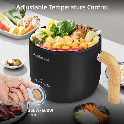 وعاء تسخين كهربائي من Audecook مع جهاز بخار، وعاء طهي متعدد الاستخدامات غير لاصق سعة 1.5 لتر، مقلاة كهربائية للسفر مع تحكم مزدوج في الطاقة للمعكرونة/الحساء/شريحة اللحم/البيض/الشوفان (أسود) in Kuwait