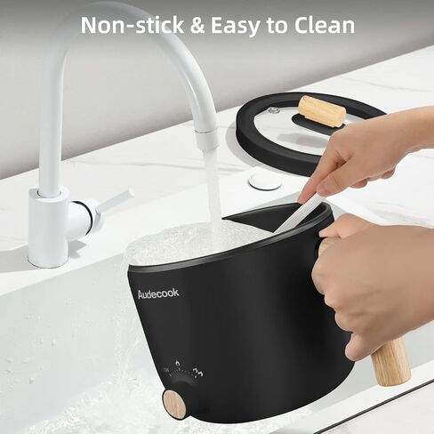 وعاء تسخين كهربائي من Audecook مع جهاز بخار، وعاء طهي متعدد الاستخدامات غير لاصق سعة 1.5 لتر، مقلاة كهربائية للسفر مع تحكم مزدوج في الطاقة للمعكرونة/الحساء/شريحة اللحم/البيض/الشوفان (أسود) in Kuwait