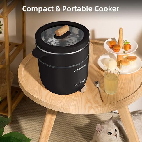 وعاء تسخين كهربائي من Audecook مع جهاز بخار، وعاء طهي متعدد الاستخدامات غير لاصق سعة 1.5 لتر، مقلاة كهربائية للسفر مع تحكم مزدوج في الطاقة للمعكرونة/الحساء/شريحة اللحم/البيض/الشوفان (أسود) in Kuwait