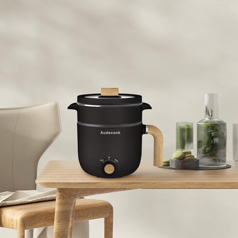 وعاء تسخين كهربائي من Audecook مع جهاز بخار، وعاء طهي متعدد الاستخدامات غير لاصق سعة 1.5 لتر، مقلاة كهربائية للسفر مع تحكم مزدوج في الطاقة للمعكرونة/الحساء/شريحة اللحم/البيض/الشوفان (أسود) in Kuwait