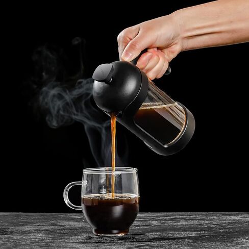 ماكينة صنع القهوة والشاي والإسبريسو الفرنسية سعة 12 أونصة من OVENTE، زجاج بوروسيليكات مقاوم للحرارة مع نظام 4 مرشحات من الفولاذ المقاوم للصدأ، إبريق محمول خالٍ من مادة BPA مثالي للمشروبات الساخنة والباردة، أسود FPB12B in Kuwait
