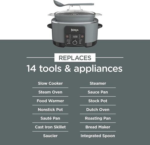 Ninja MC1001 Foodi PossibleCooker PRO 8.5 Quart Multi Cooker، مع طباخ بطيء 8 في 1، طنجرة ضغط، فرن هولندي والمزيد، غطاء زجاجي وملعقة مدمجة، غير لاصق، وعاء آمن للفرن حتى 500 درجة فهرنهايت، رمادي ملح البحر (متجدد) in Kuwait