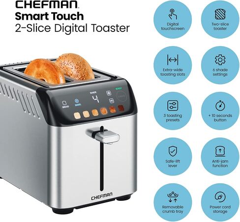 Chefman 2-Slice Pop-Up Stainless Steel Toaster w/ 7 Shade Settings, Extra Wide Slots for Toasting Bagels, Defrost/Reheat/Cancel Functions, Removable Crumb Tray, 850W, 120V, Silver in Saudi Arabia