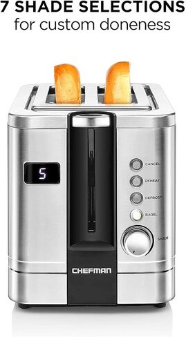 Chefman 2-Slice Pop-Up Stainless Steel Toaster w/ 7 Shade Settings, Extra Wide Slots for Toasting Bagels, Defrost/Reheat/Cancel Functions, Removable Crumb Tray, 850W, 120V, Silver in Saudi Arabia
