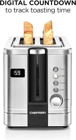 Chefman 2-Slice Pop-Up Stainless Steel Toaster w/ 7 Shade Settings, Extra Wide Slots for Toasting Bagels, Defrost/Reheat/Cancel Functions, Removable Crumb Tray, 850W, 120V, Silver in Saudi Arabia