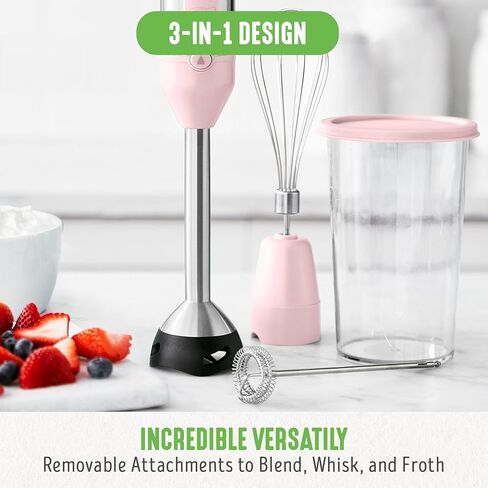 GreenLife Immersion Electric Handheld Stick Blender with Stainless Steel Blades, Whisk, Frother, Measuring Cup and Lid, Soups, Puree, Cake, Multi-Speed Control, Portable, Pink in Kuwait